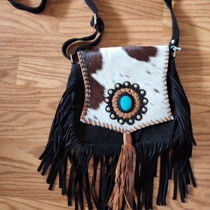 Large Genuine Handmade Cowhide Leather Fringe Flip Top Crossbody Bag